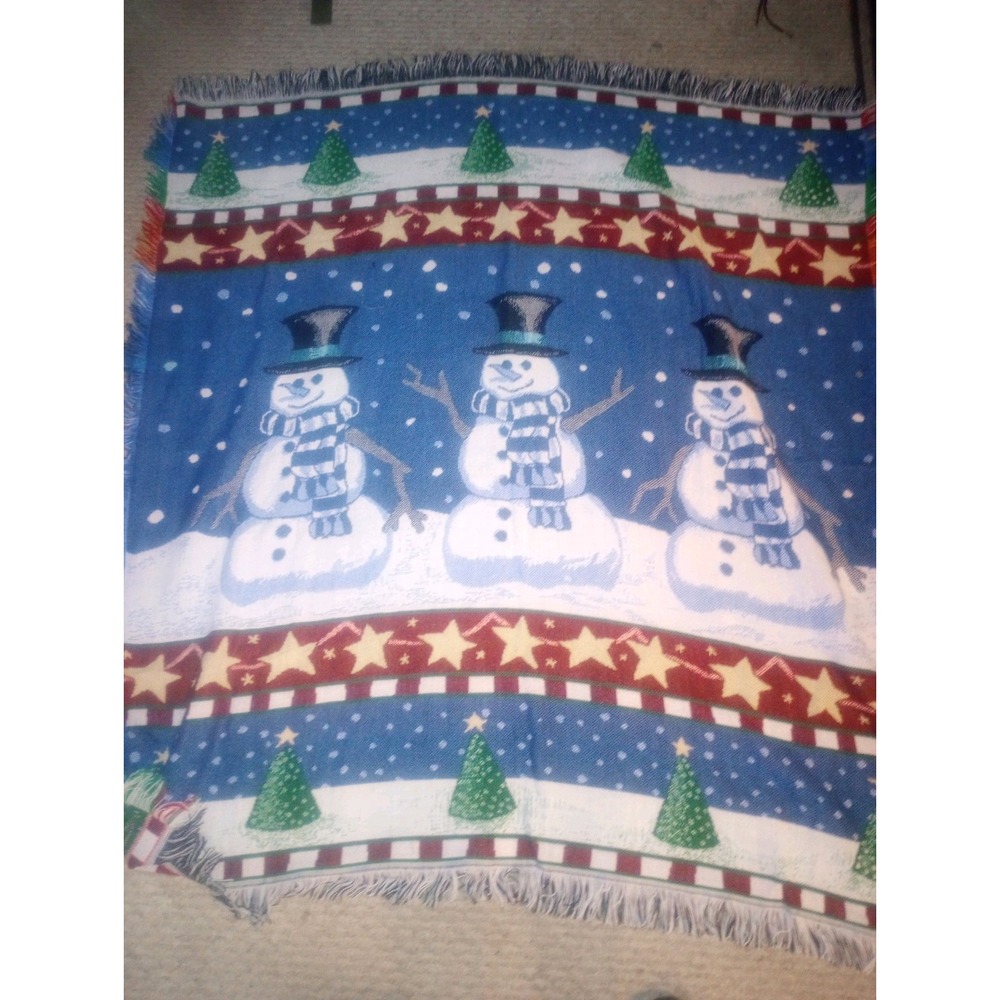 Winter Holiday Snowman,‎ Tree's And Stars Woven Tapestry Blanket 55x50 Christmas